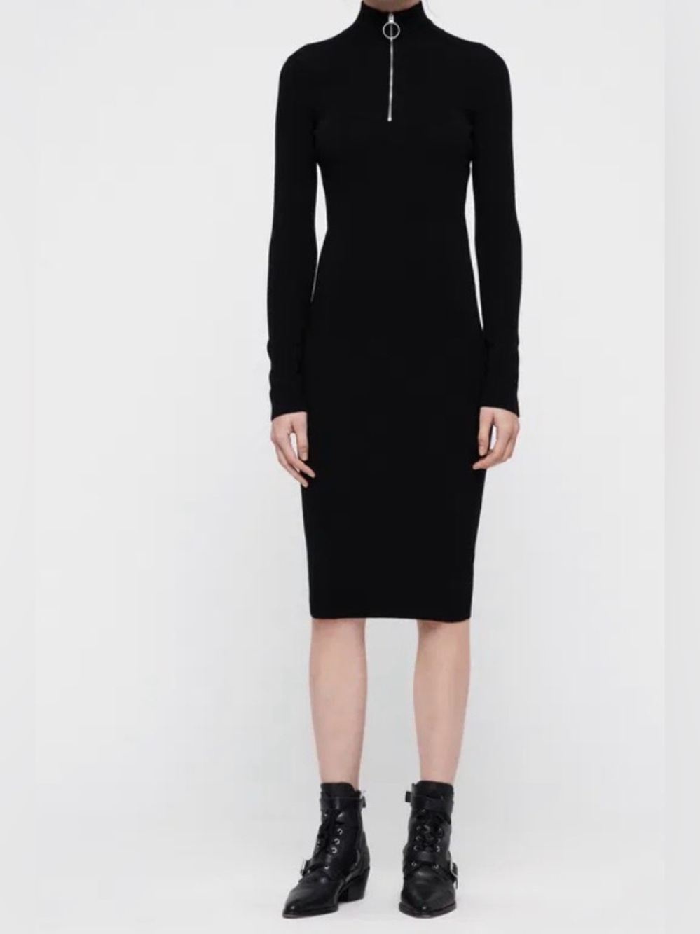 AllSaints Black Long-Sleeve size small Midi Dress with Zip Mock Neck